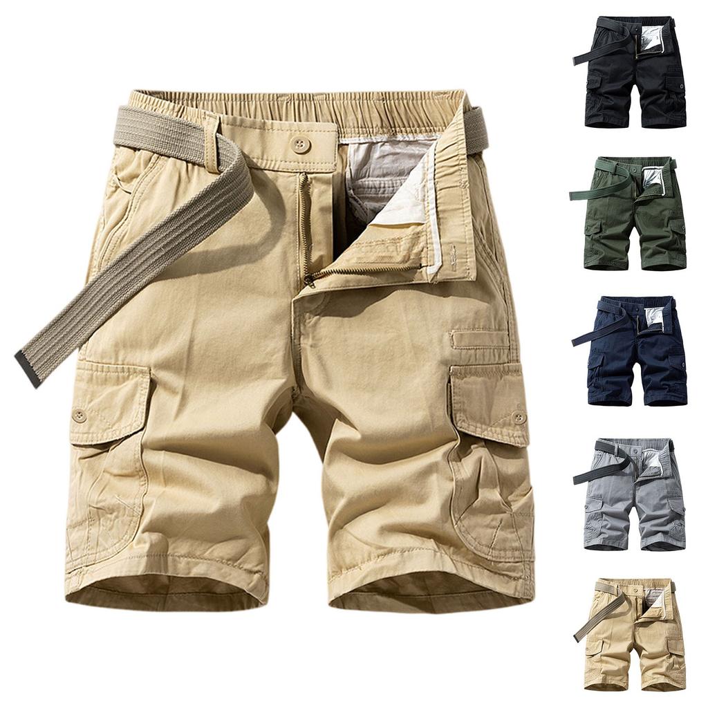 Men's Military Cargo Shorts - Multi-Pocket Zippered Elastic Waistband Drawstring Solid Color Outdoor Comfort Loose Fit