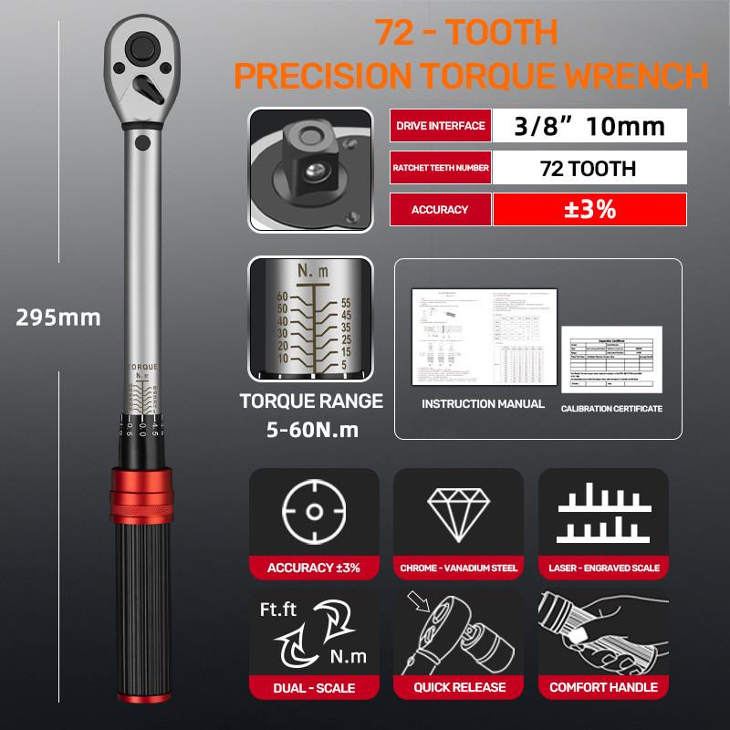 /4'' 3/8'' 1/2'' 1Industrial Dual-Direction Adjustable 72-Tooth Ratchet Handle Drive Click Torque Wrench Upgraded Torque Wrench