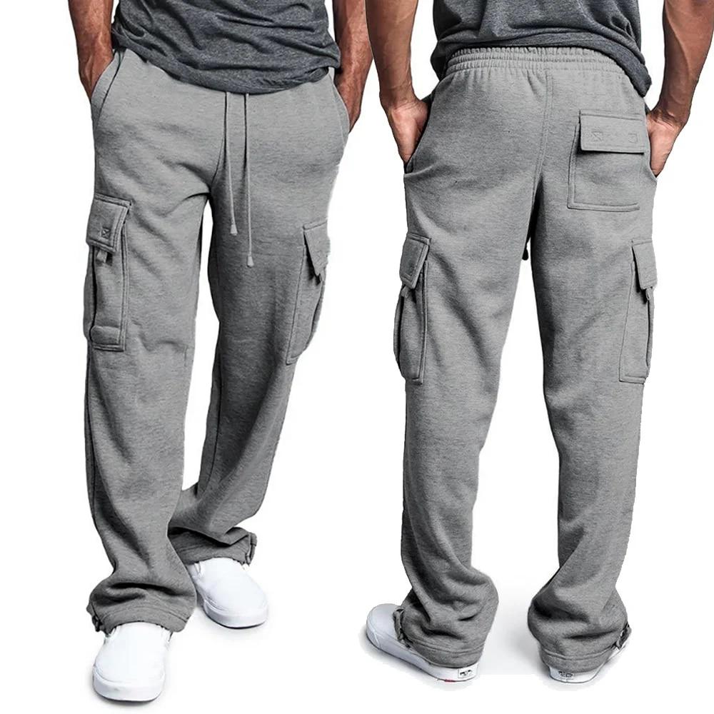 Men Multi-pocket Pants Mens Sweatpants Straight Fit Joggers for Sports and Streetwear Loose Oversized Drawstring Long Pants