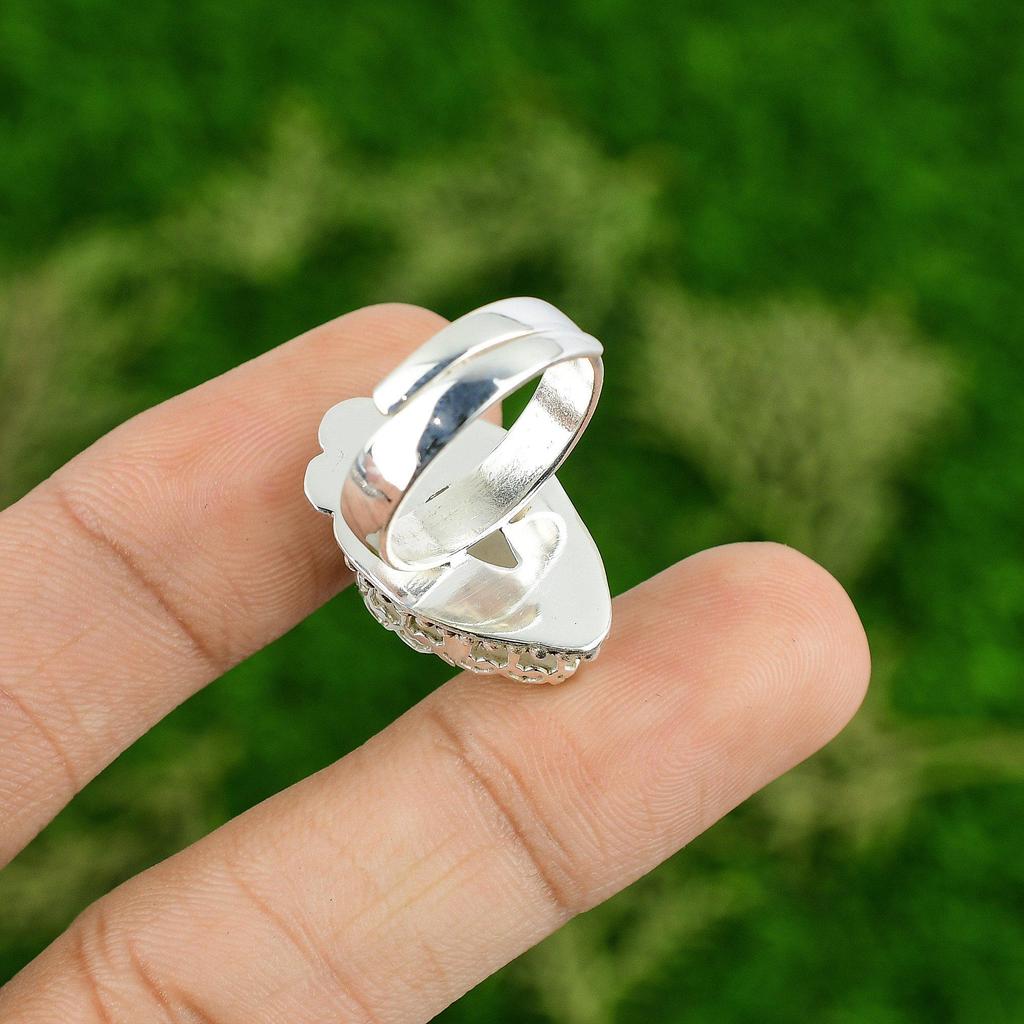 Natural Rainbow Moonstone Multi Stone Adjustable Ring 925 Silver For Women