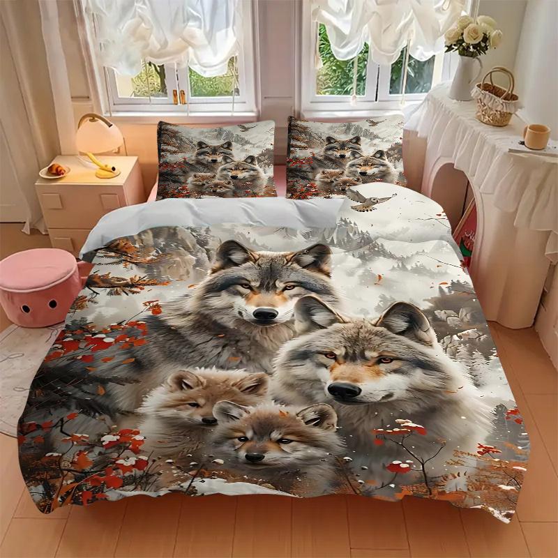 3pcs Wolf Family in Autumnal Forest Printed Quilt Set, Includes 1 Quilt Cover and 2 Pillowcases