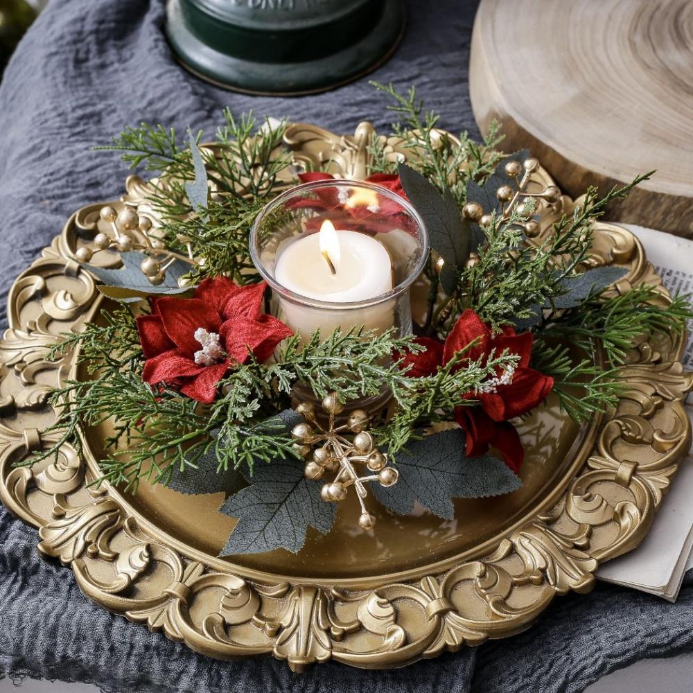 Christmas Candlestick Wreath Red Fruit Artificial Flowers Candle Ring Xmas New Year Table Decoration Candle Holder Garland
