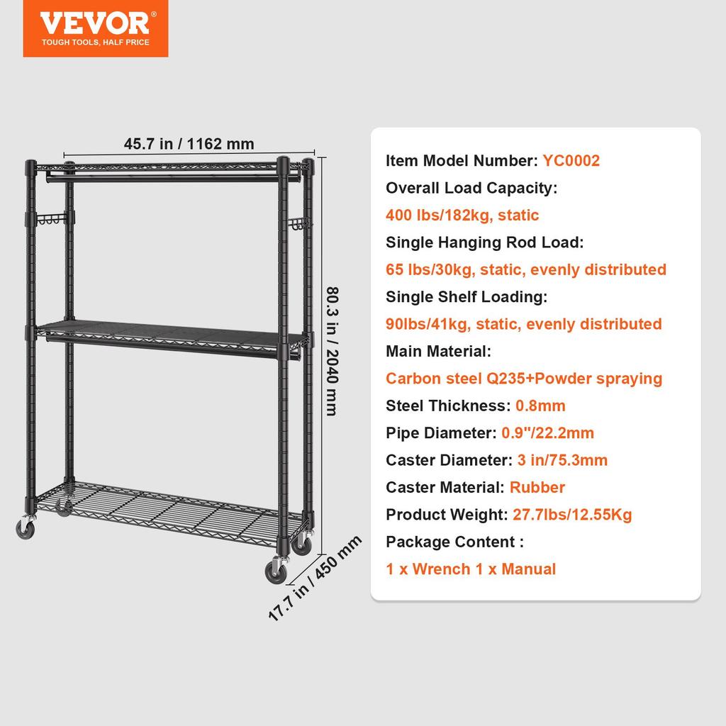 VEVOR Heavy Duty Clothes Rack, Rolling Clothing Garment Rack with 3 Storage Tiers, 2 Rods and 2 Pairs Side Hooks