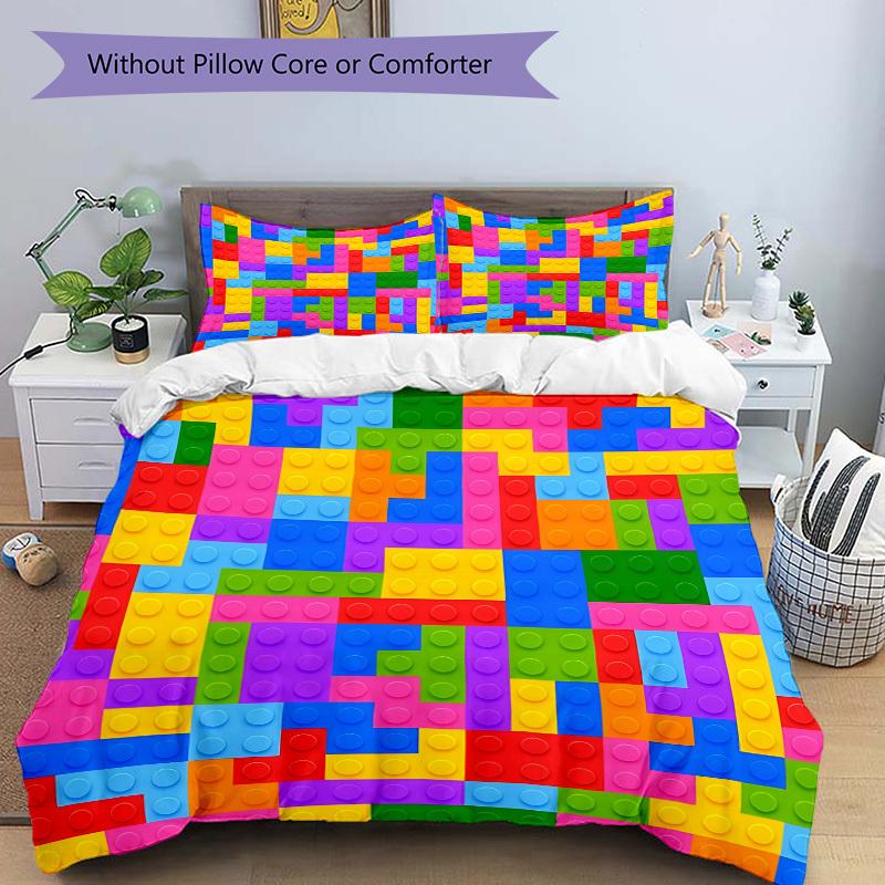 3pcs set Building block jigsaw puzzle 1 Quilt Cover + 2 Pillowcases, All Seasons Bedroom Setting, Perfect for Home and Dorm Decor a195