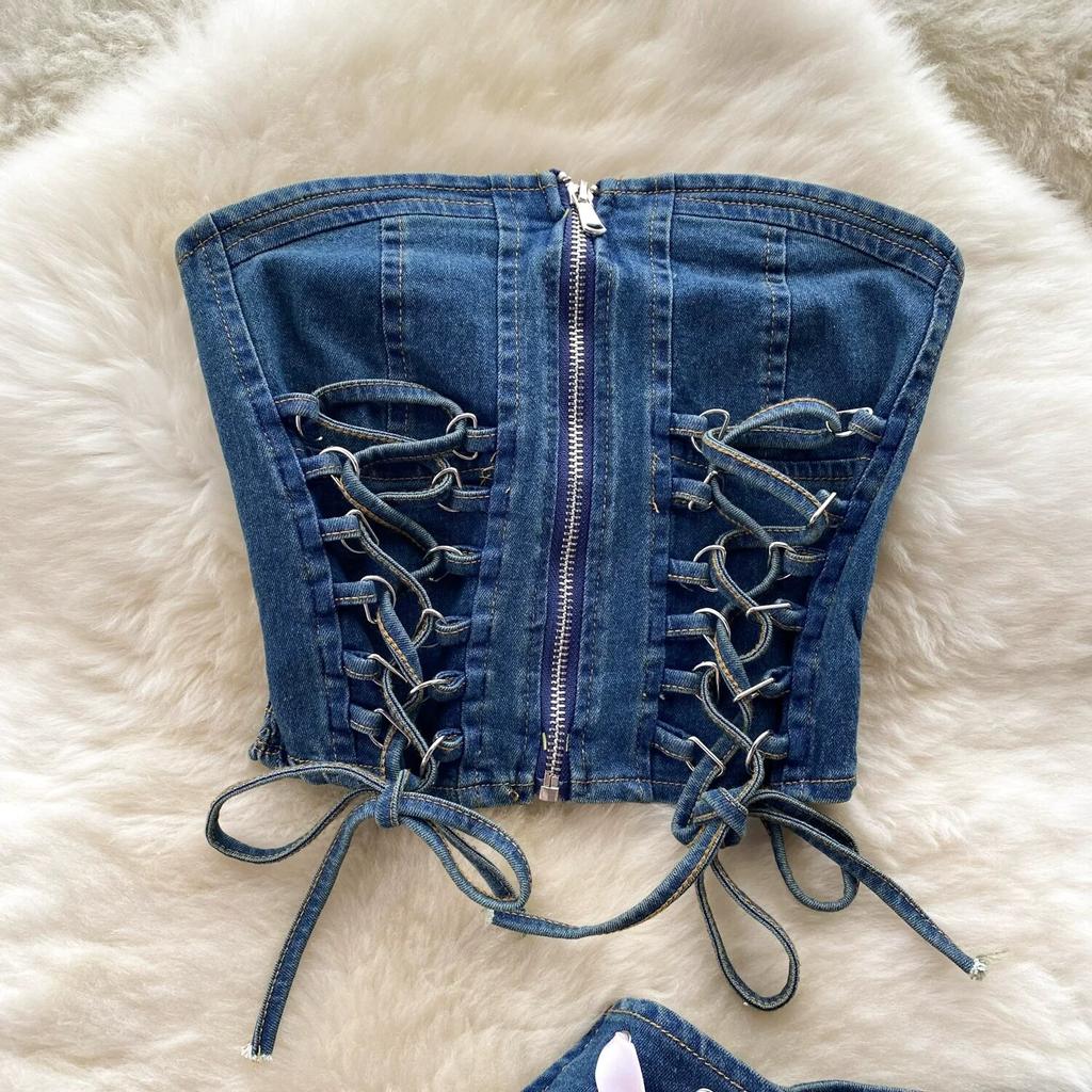 Джинсовые комплекты для девочек, милые комплекты из двух предметов, женские топы на молнии без бретелек Y2K, эластичные мини-кюлоты, женская мода, уличная одежда на шнуровке, костюмы 2024