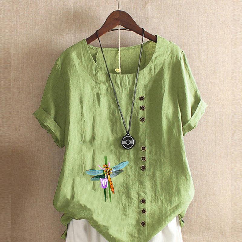 Women's Fashion Round Neck Short Sleeve T-shirt Casual Cotton Linen Graphic Shirt Leisure Loose Dragonfly Prined Summer Blouse Tops