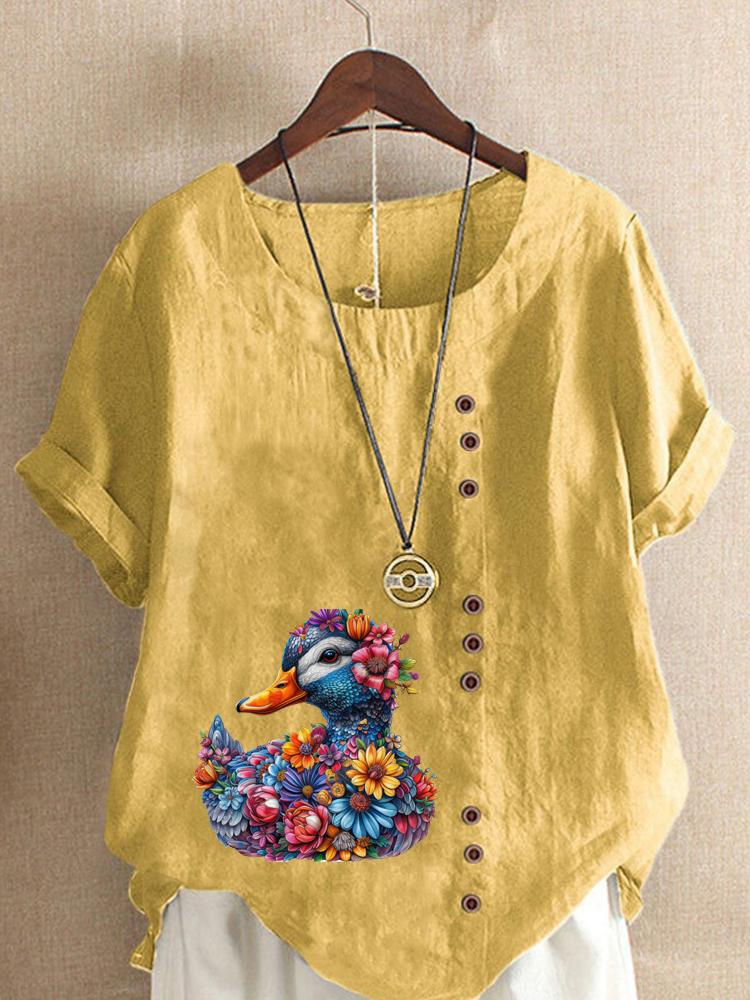 Women's Fashion Flower Duck Print Casual Cotton Linen Short Sleeve Round Neck T-shirt Shirt Leisure Loose Summer Blouse Tops