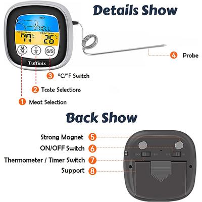 Модернизированный цифровой термометр для мяса с сенсорным экраном, мгновенным считыванием показаний, термометром для еды с ручкой-щупом, большим ЖК-дисплеем и таймером YY046
