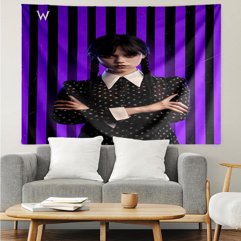 Wednesday Print Tapestry, Backdrop, Easy Setup, Ideal for Bedroom, Office & Living Room, with Aesthetic Wall Hanging Decor.