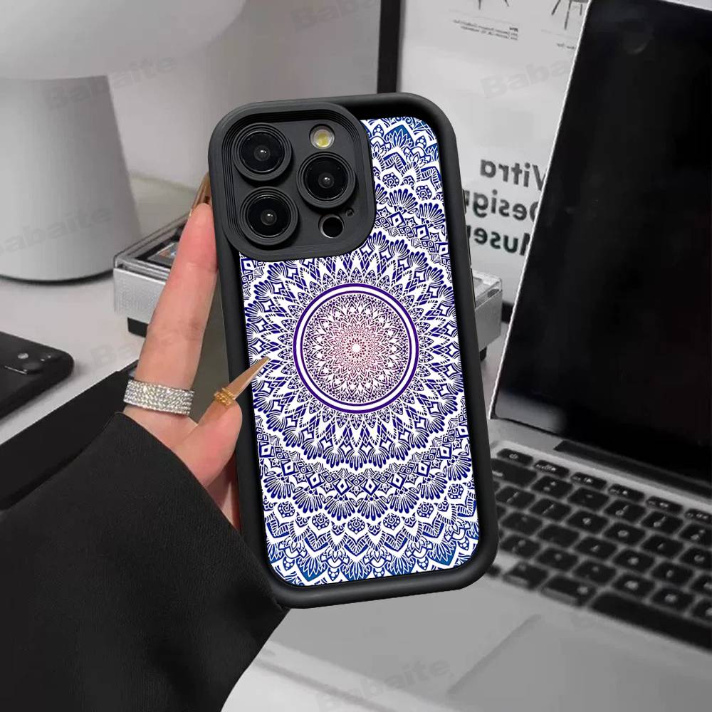 Indian Pattern Mandala Silicone Soft Phone Case For IPhone 17 16 15 14 Plus 13 12 Mini 11 Black Cover
