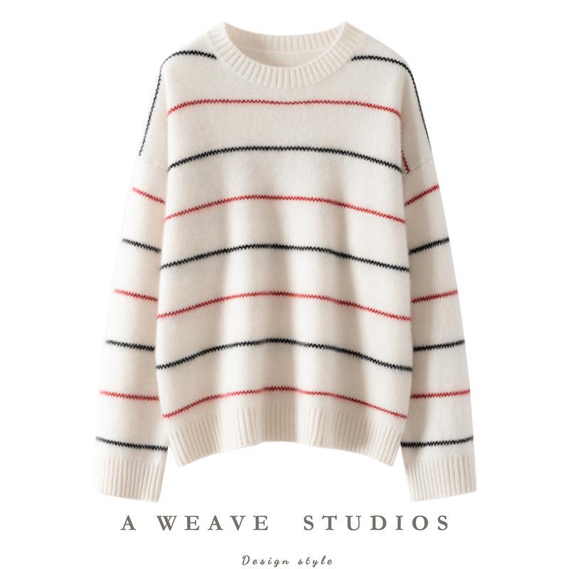 Autumn 2025 Women's Striped Cashmere Sweater - Half-High Neck, Loose Fit, Slimming Base Layer.