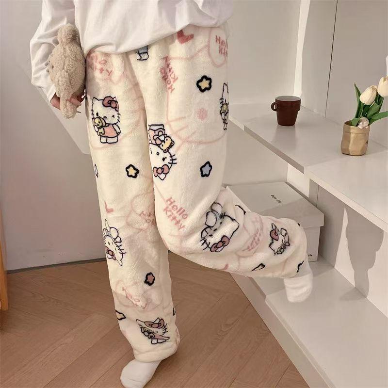 Cartoon Cat Flannel Pajama Pants Women Winter Coral Fleece Thick Warm Lounge Home Pants