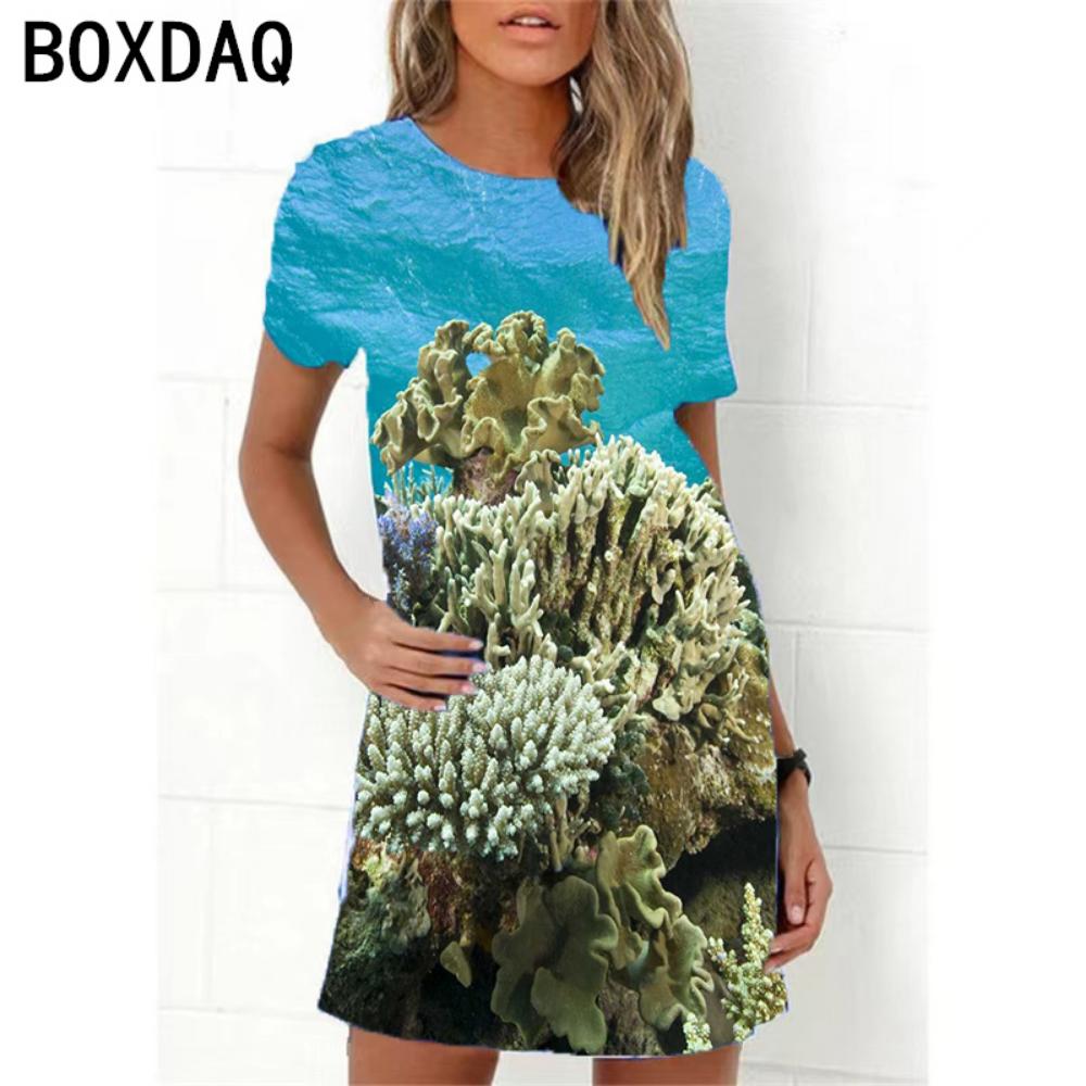 Ocean World 3D Print Dress Women New 2026 Summer Short Sleeve Cartoon Fish A-Line Dress Oversized Loose Casual Ladies Dress