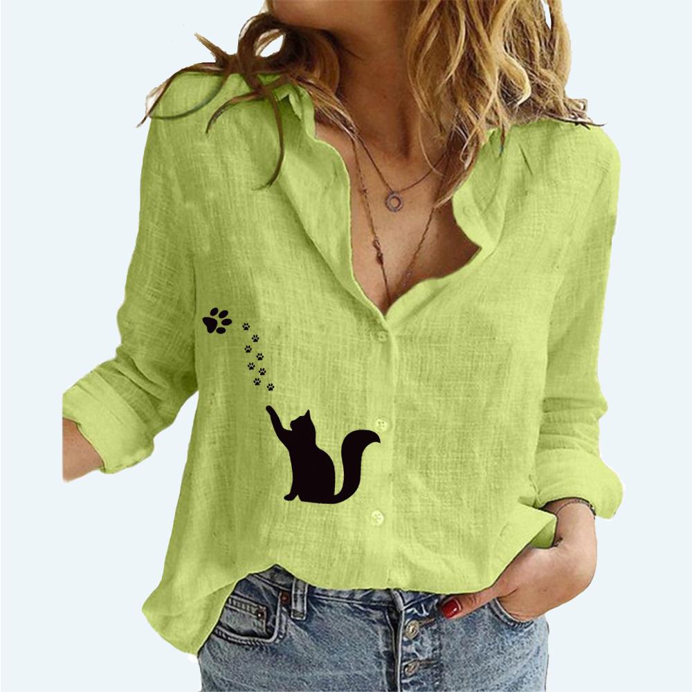 Women Fashion Lapel Neck Long Sleeve T-shirt Summer&fall Casual Printed Cotton Linen Top Female Loose Buttoned Blouses