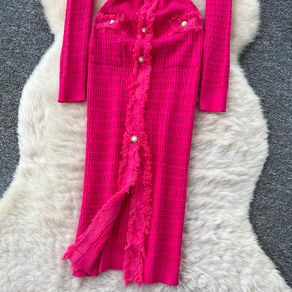 Новые женские платья Осень Зима Винтажное лоскутное вязаное миди-платье Элегантное платье-рубашка-свитер с V-образным вырезом и оборками