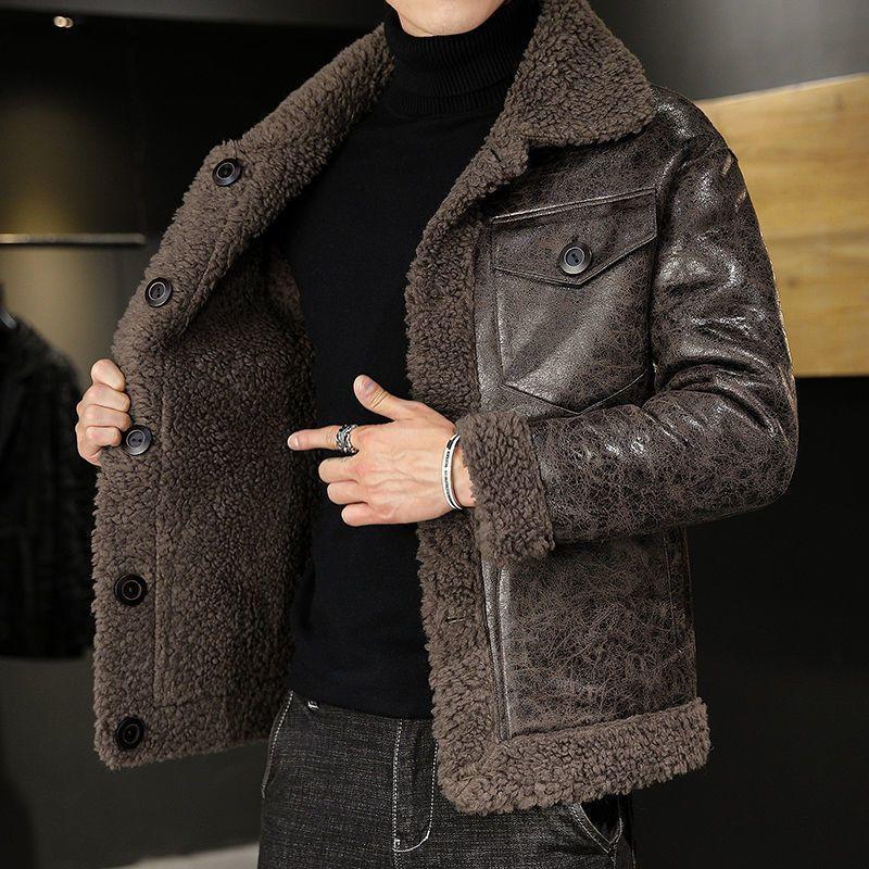 Зимняя мужская меховая цельная куртка с овечьей шерстью, двусторонний лацкан, приталенный топ