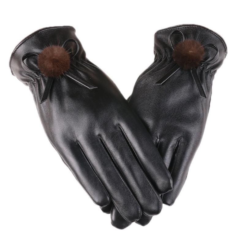 Autumn and Winter Gloves Women's Leather Gloves Bow Velvet Thickened Outdoor Driving Riding Touch Screen Warm Gloves