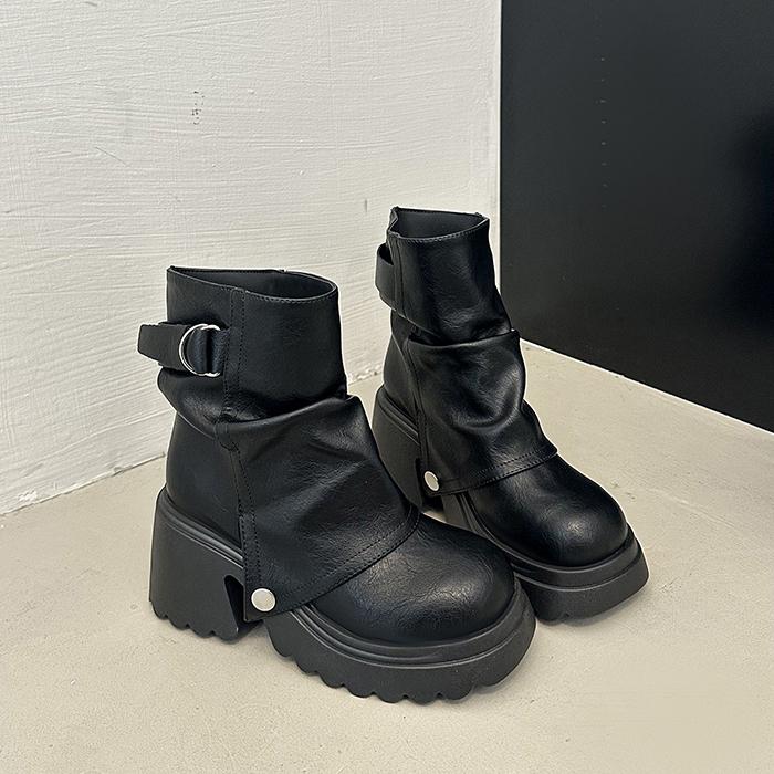 Autumn Winter Belt Buckle Women Knight Boots Fashion Slip On Shoes Vintage Platform Thick Heels Ladies Short Booties