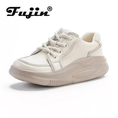 Fujin/женские ботинки 4 см, осенние вулканизированные туфли на каблуке и платформе, туфли-лодочки из коровьей замши, туфли-лодочки из натуральной кожи, туфли без каблуков, массивные кроссовки