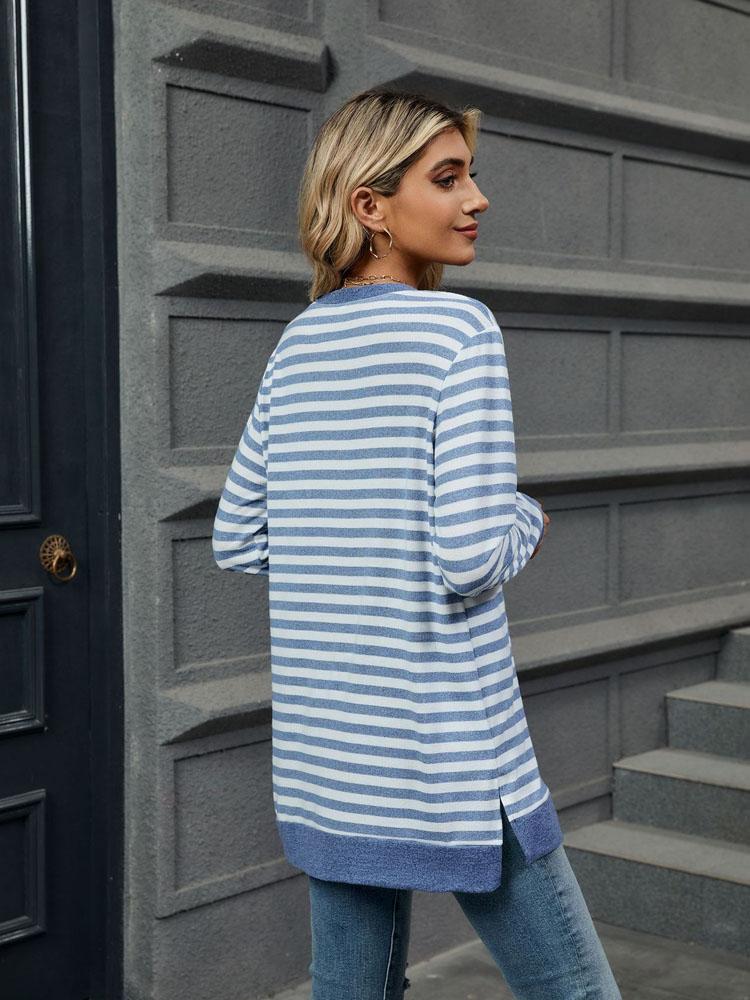 Элегантная и модная осенне-зимняя удобная однотонная полосатая футболка с круглым вырезом и длинными рукавами, повседневная футболка, свитер, толстовка с капюшоном