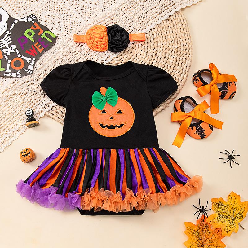 Оранжевые тыквы детские костюмы на Хэллоуин для девочек комплекты одежды для новорожденных кружевной комбинезон Petti детская обувь повязка на голову 3 шт. детская одежда
