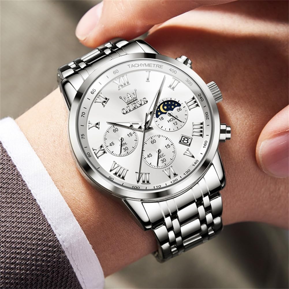 OLEVS кварцевые водонепроницаемые светящиеся аналоговые популярные стильные часы модные деловые классические часы с ремешком из нержавеющей стали для мужчин белые мужские