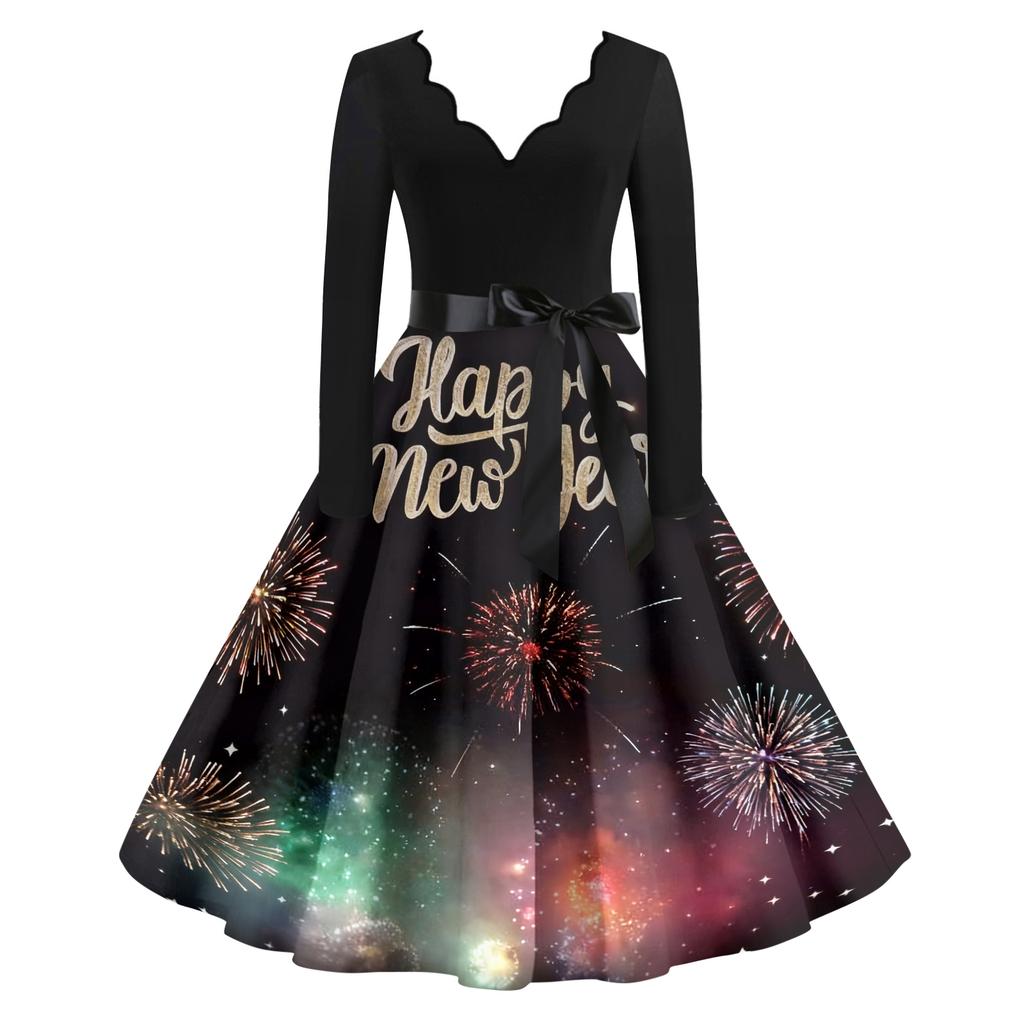 Женское повседневное модное платье винтажного стиля с V-образным вырезом и новогодним принтом
