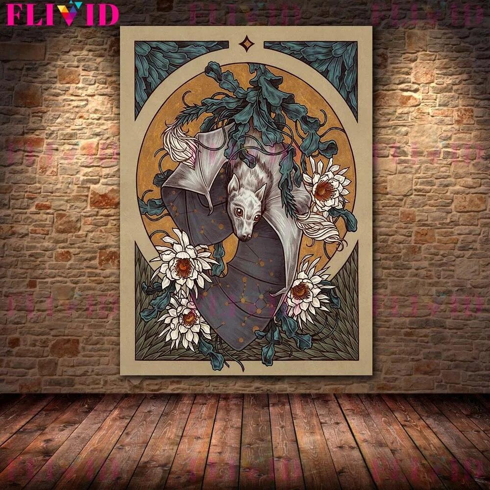 Скелеты, цветы и загадочные животные, винтажная настенная живопись на холсте, летучая мышь, опоссум, астрология, луна, звезды, планеты, печать плакатов, без рамки
