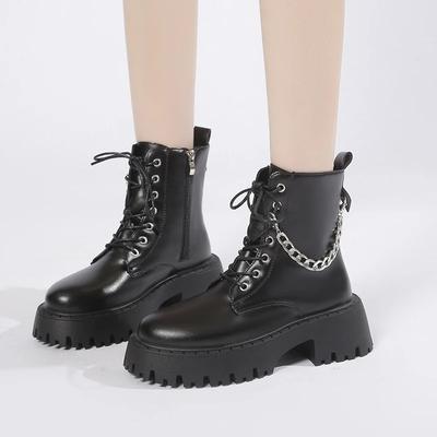 Женские сапоги осенние черные с пряжкой на цепочке и круглым носком короткие сапоги модные мотоциклетные ботильоны женские Zapatos Mujer