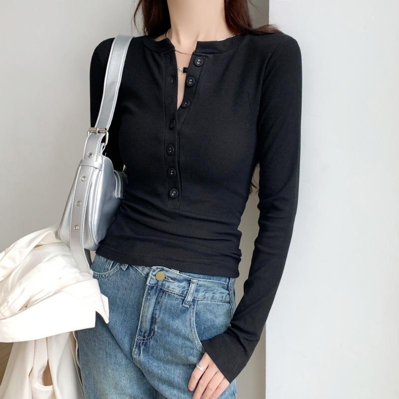 Half-open neck navy blue bottoming shirt women's autumn tight and thin Spice girl button-up long-sleeved shirt top