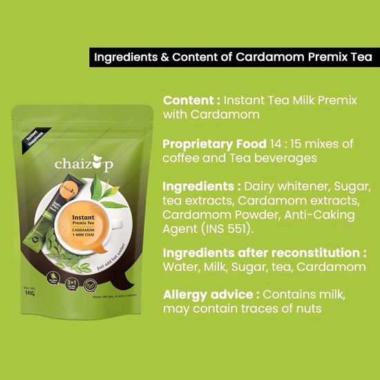 Chaizup Premium 1 мин. Растворимый чай с кардамоном Premix - 1 кг Поли | Ароматизаторы кардамона | Приблизительно. 72 порции | 1 кг