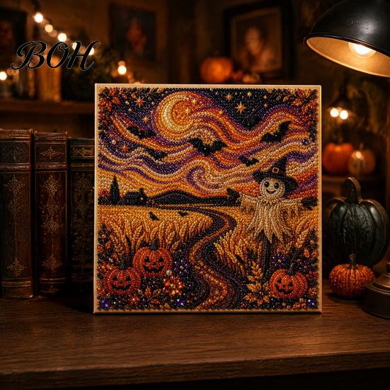 Fall Holiday Decoration Halloween Faux Pearl Art DIY Kit, 3D Bead Embroidery Craft Set, Spooky Handmade Ghost Pumpkin Goat Witch Wall Art, Seasonal