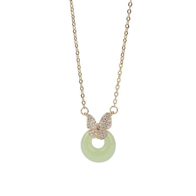 S999 Pure Silver Chalcedony Safety Buckle Pendant Butterfly Sterling Silver Necklace Female Light Luxury Minority Clavicle Chain Necklace