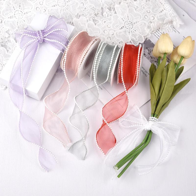 5 Yards Wrapping Ribbon DIY Mesh Gauze 4cm Fish Tail Yarn Solid Color Silk Pearl Edge Flower Bouquet Packaging