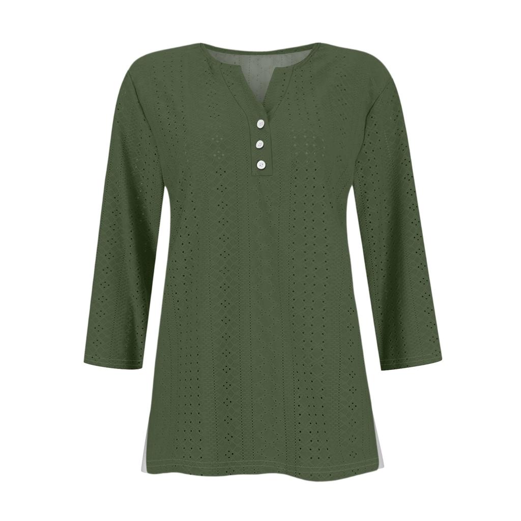 Жен. Футболка Футболка С принтом Пуговицы Рукав 3/4Ежедневно Выходные Мода Классический Топ с v-образным вырезом Обычный