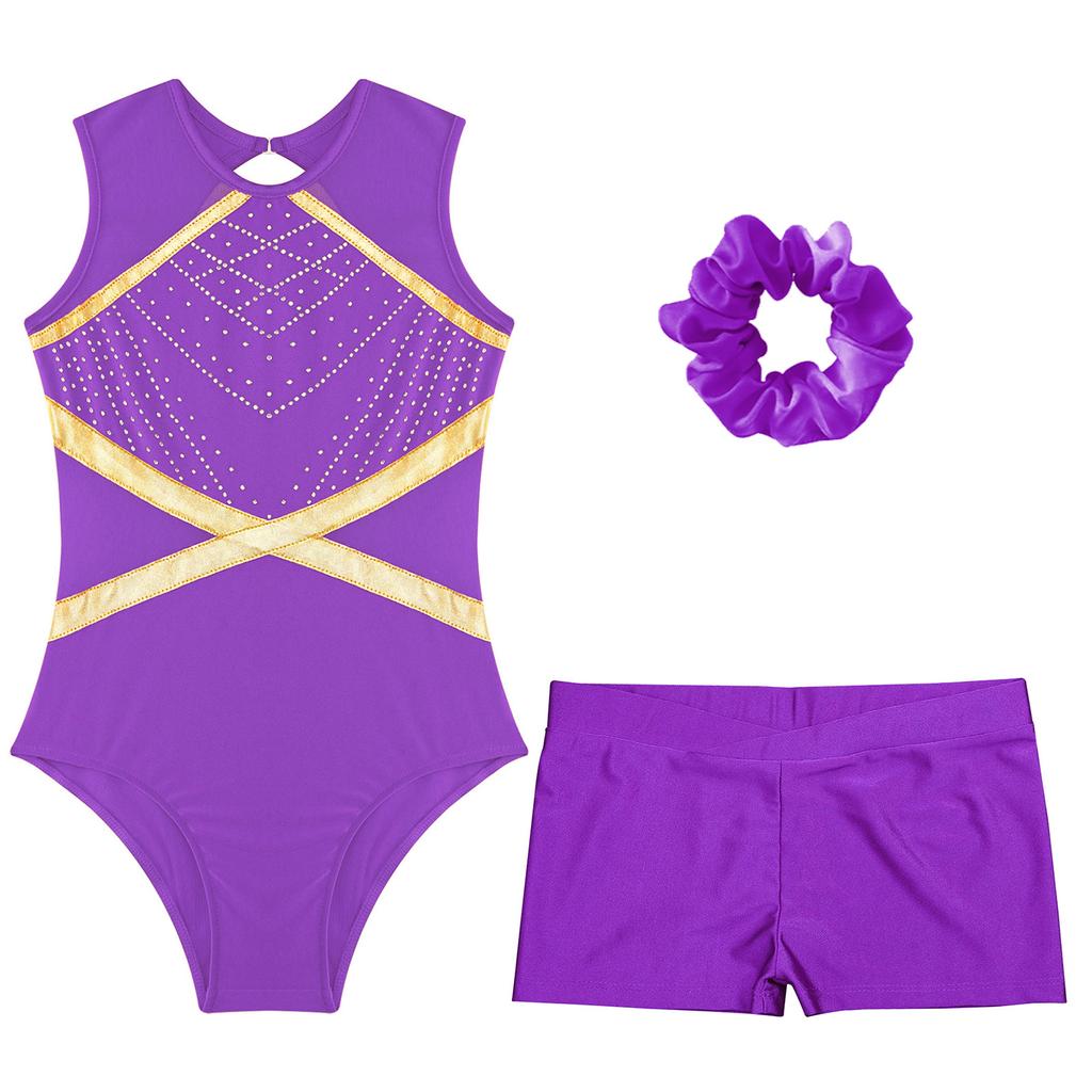 Гимнастический купальник для девочек без рукавов, блестящие стразы, вырез-замочная скважина сзади, шорты
