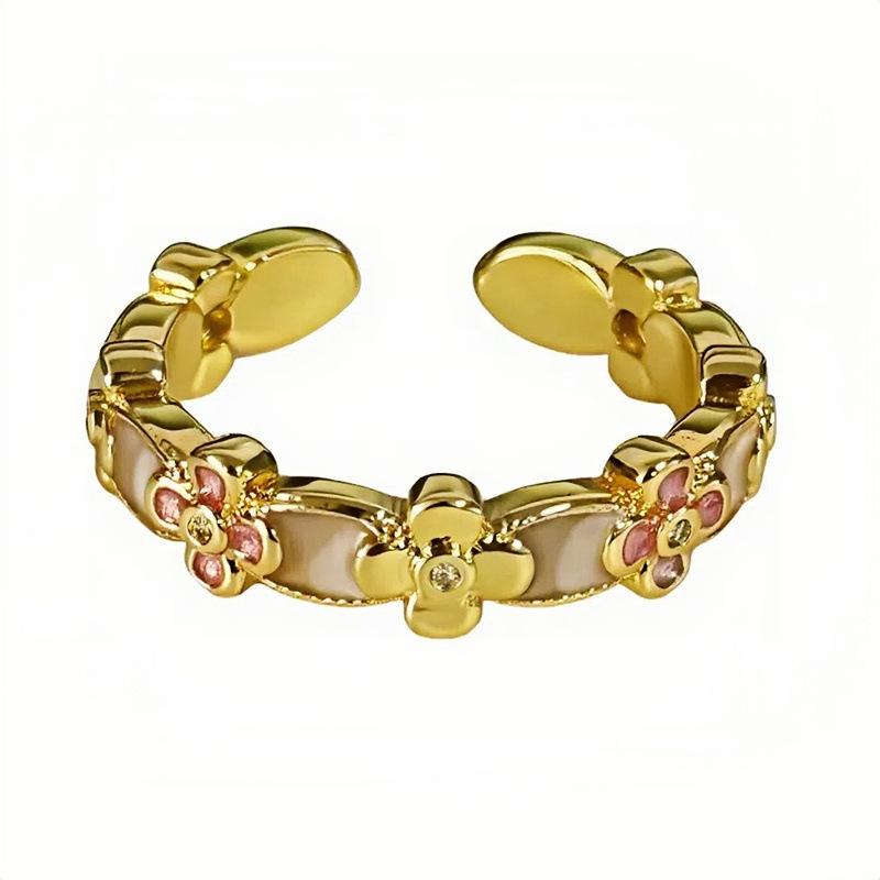 Medieval Vintage Enamel Oil Drop Four-Leaf Clover Hollow Rhombus Open Ring Court Style Retro Stacked Ring