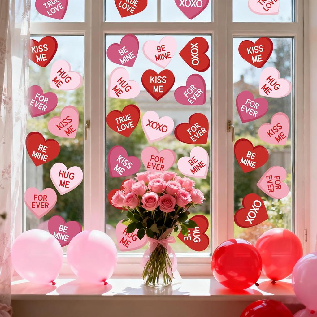 8 Sheets Valentines Day Heart Window Clings Red Pink Love Heart Window Stickers Double-Sided Conversation Hearts Windows Decals for Valentines