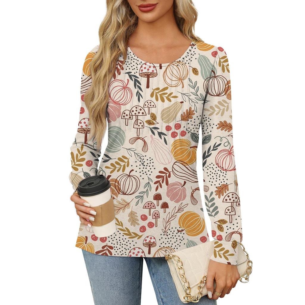 Long Sleeve Shirts For Women Cute Print Graphic Tees Blouses Dressy Casual Blouses Pleated Scooped Neck Tunic Tops Halloween