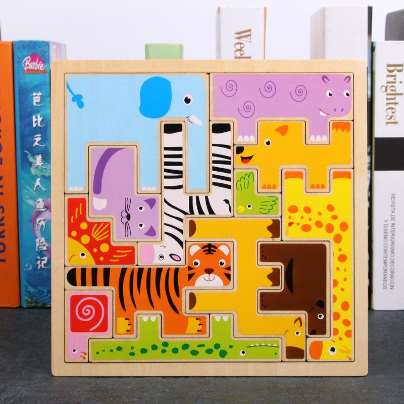 Children's Puzzle Creative Wooden Three-dimensional Puzzle Tetris Three-dimensional Animal Puzzle Puzzle Board Building Block Toy