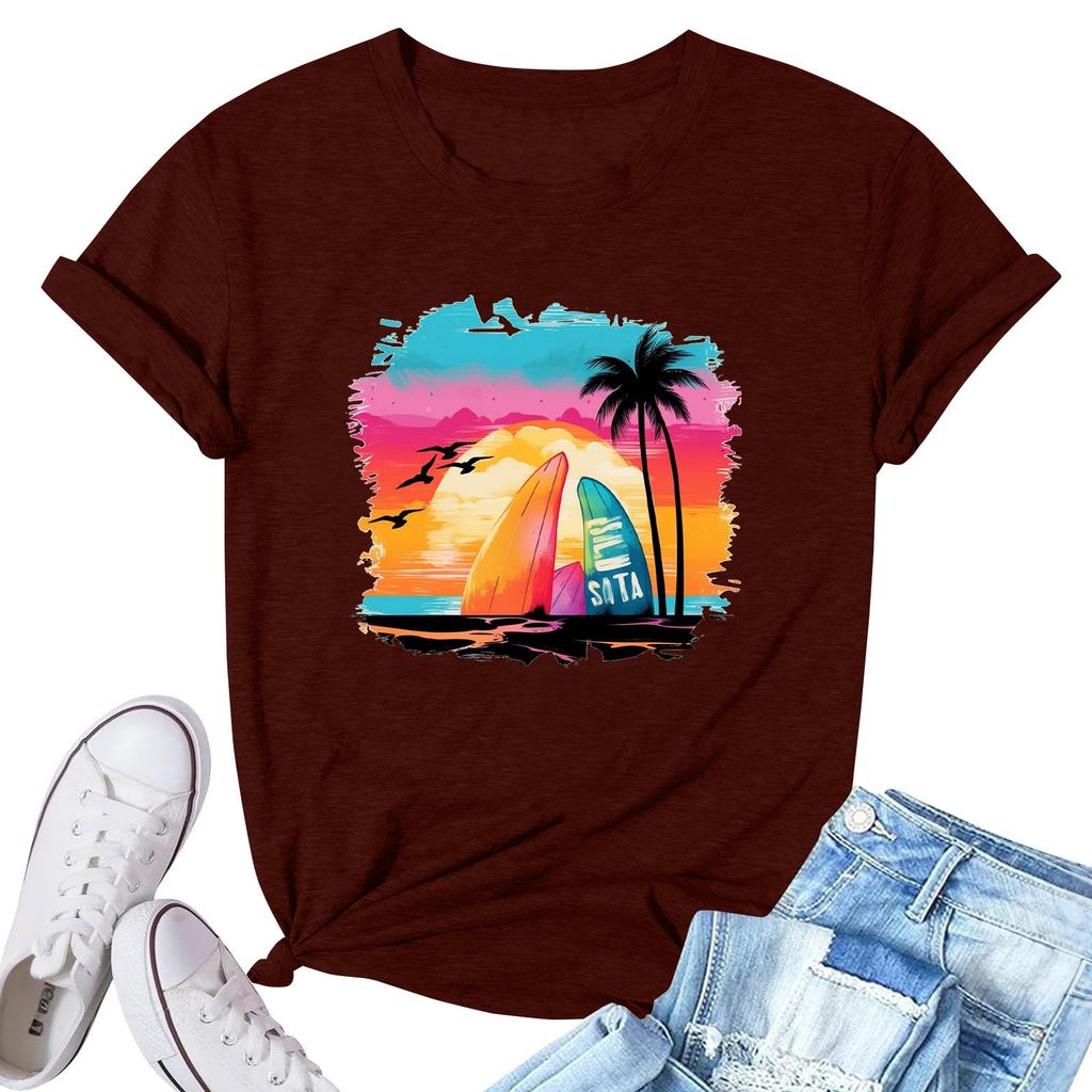 Women's Fashion Printed Casual Pleated Round Short Sleeve T-Shirt Top