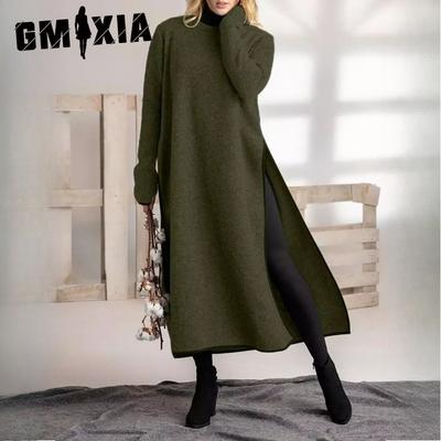 Осеннее свободное большое трикотажное кружевное длинное платье с подкладкой, повседневные платья