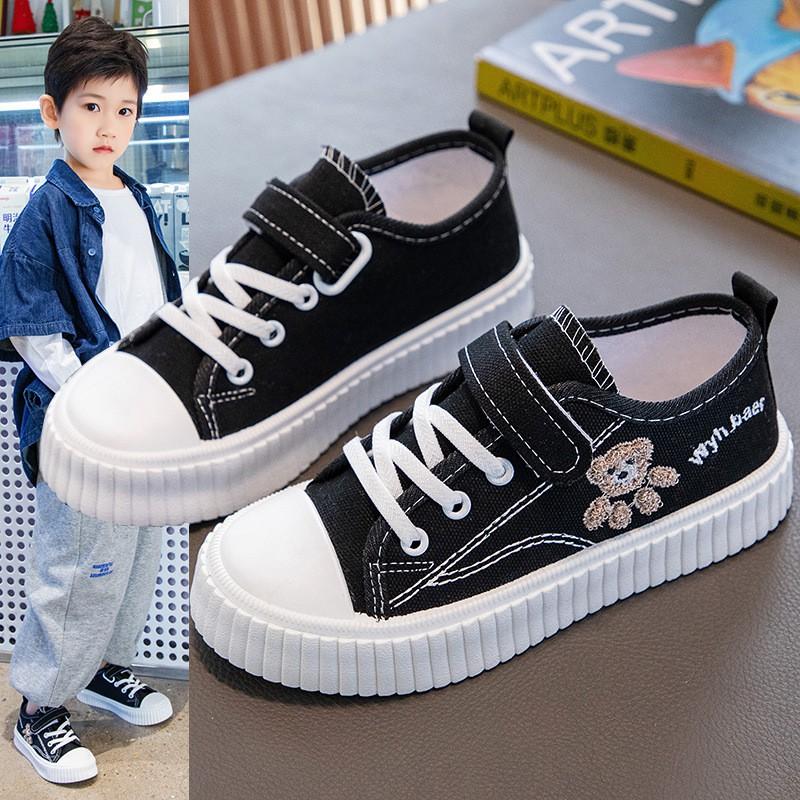 Kids Canvas Sneakers Boys Girls Breathable Low-Top Casual Shoes With Hook Loop White Black Pink