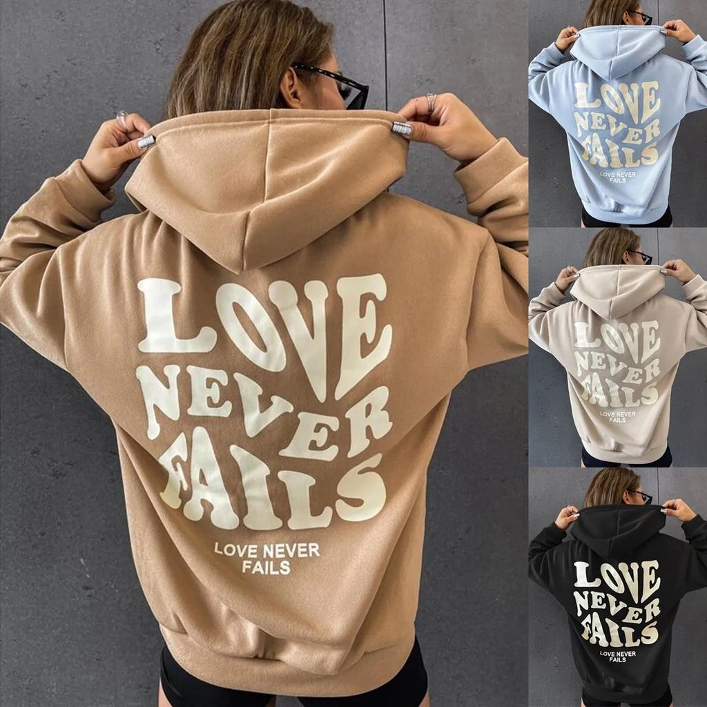 2023 Love Never Fails Print Letter Hoodies Women Sweatshirt Khaki Autumn Vintage Oversized Harajuku Loose Tops Casual Pullovers Unisex