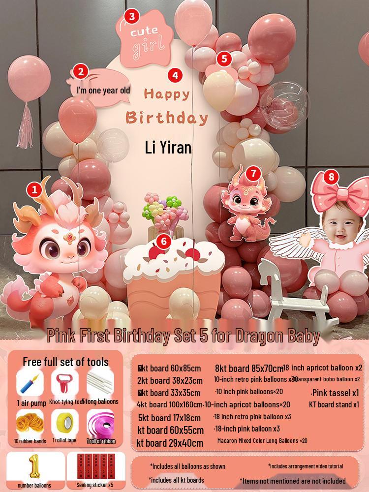 Воздушные шары с драконами и фон из КТ-картона для празднования первого дня рождения девочки