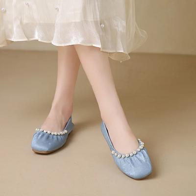 Модная повседневная женская обувь, балетки с жемчужным украшением, с круглым носком, женская обувь, мягкие удобные балетки, бисер, новое розовое платье