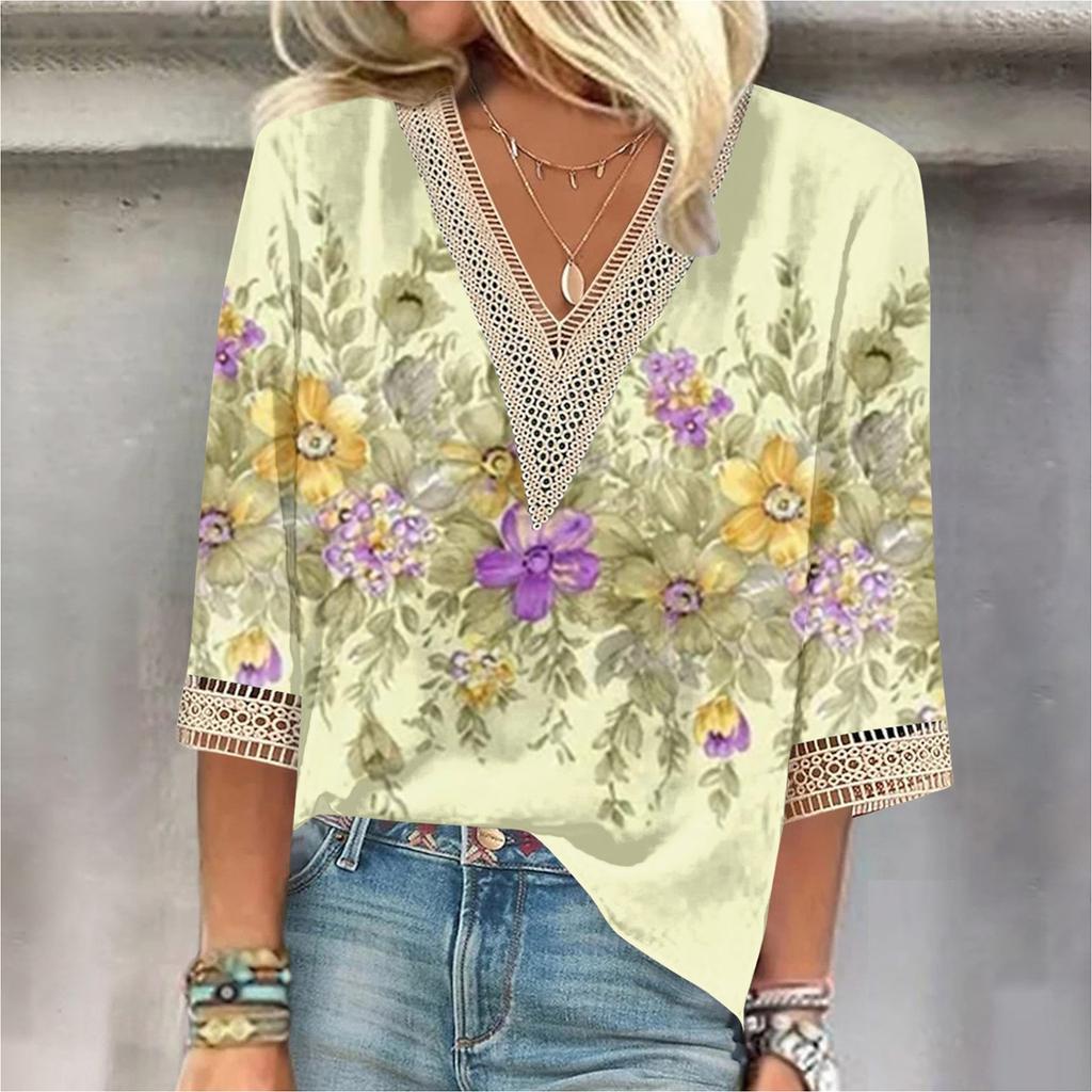 Women's Shirt Blouse Casual Loose Shirts 3/4 Sleeve Lace Trims Print V Neck Tops Print Tops T-shirts Tee