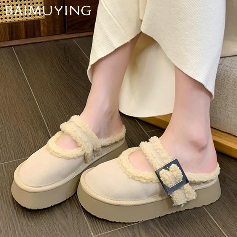 Меховые балетки женские тапочки короткие плюшевые туфли на платформе из хлопка с мелкой пряжкой повседневная обувь 2024 года тренд дизайнер пряжка Zapatos Femme