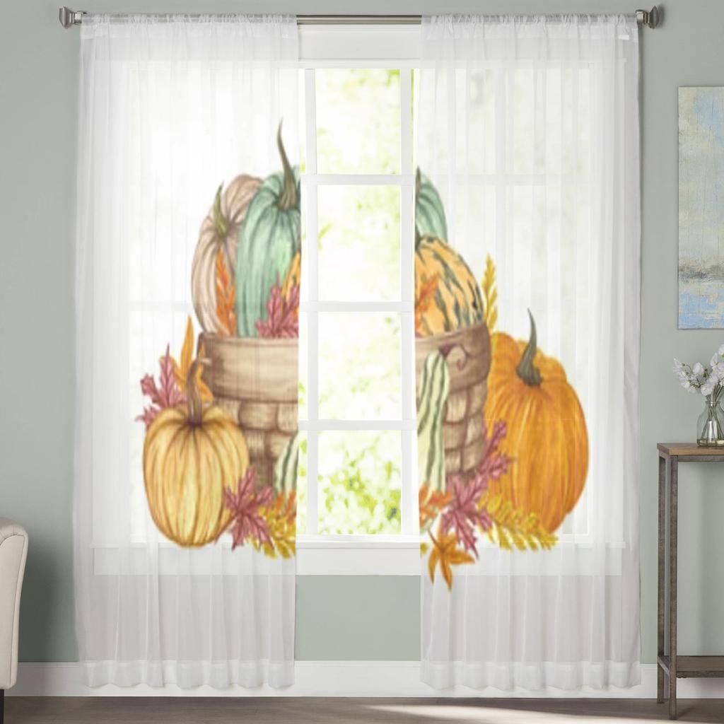 Floral Pumpkins In A Basket Sheer Window Curtains For Living Room Bedroom Modern Voile Tulle Curtains Fabric Drapes For Kitchen