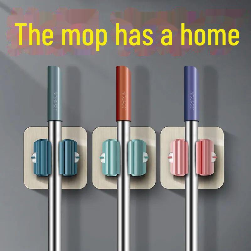 Настенная стойка для швабры Punch-Free для хранения в ванной комнате с прочными крючками. Эффективное хранение и развешивание швабр.